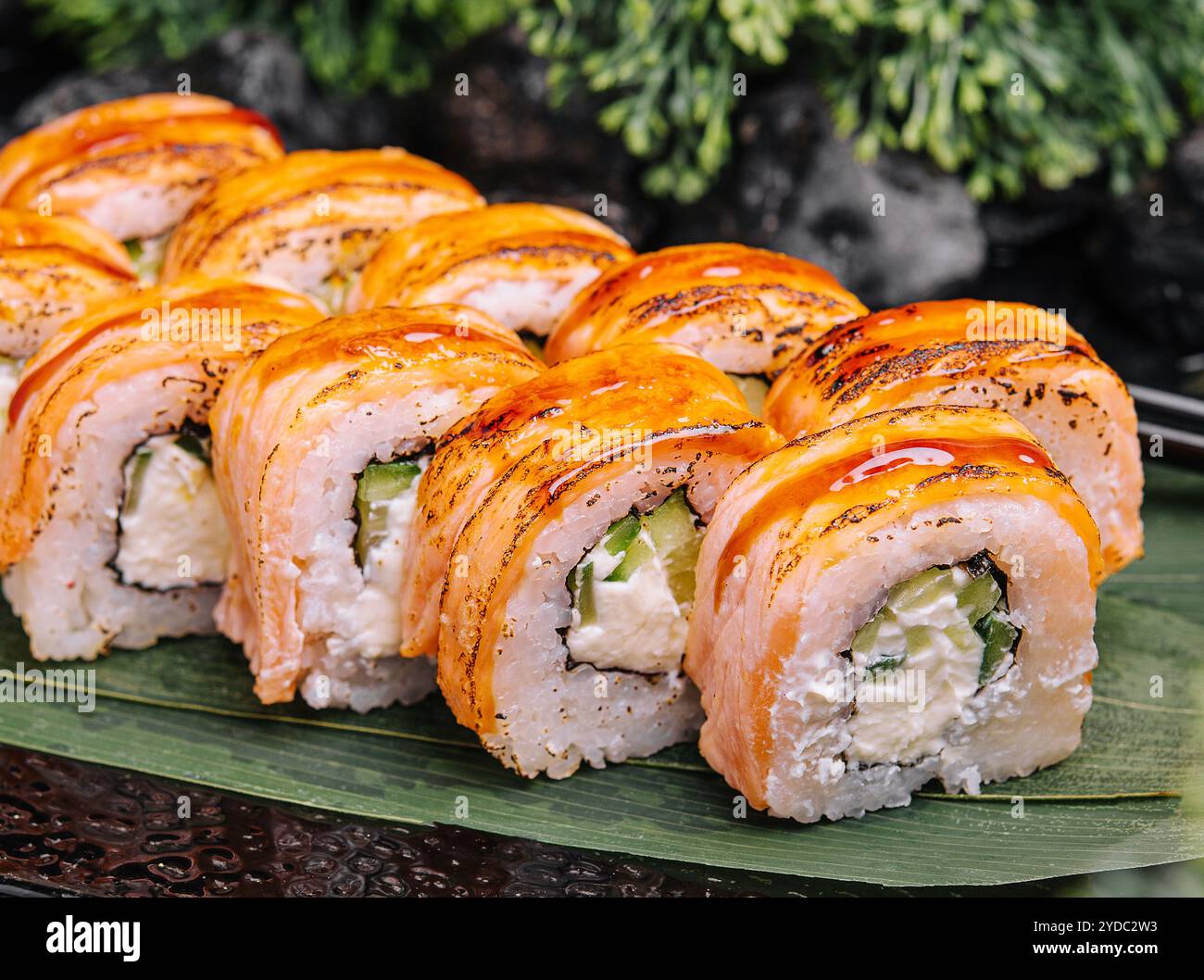 Brötchen mit gebratenem Lachs und Käse, Gurke auf Teller Stockfoto