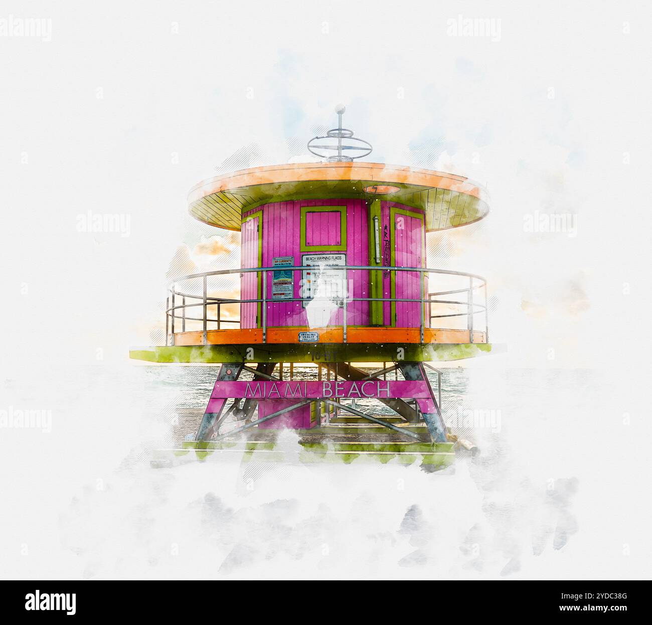 Aquarell-Malerei Illustration des Lifeguard-Turms in South Beach in Fort Lauderdale, Florida, USA Stockfoto