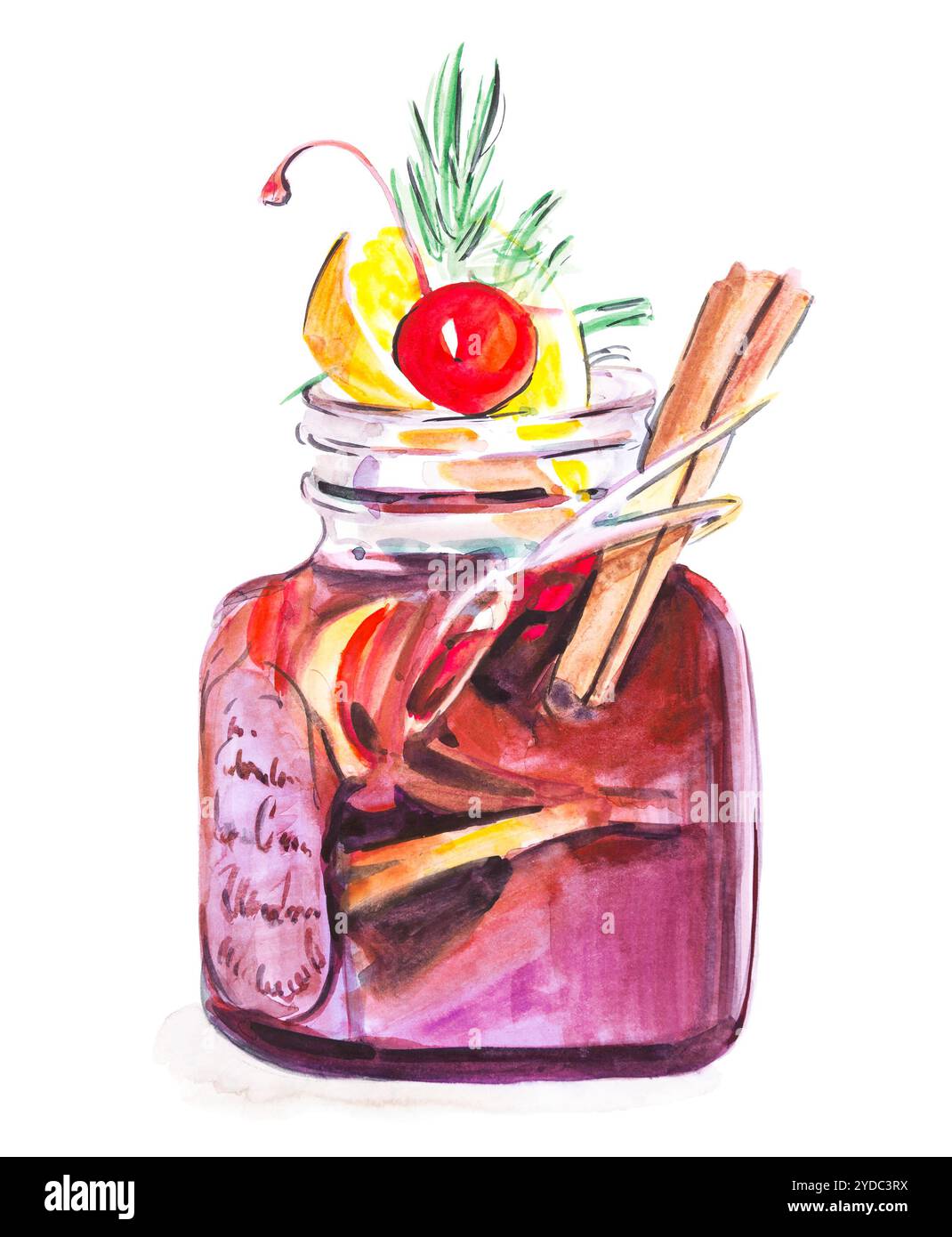 Aquarell Glühwein mit Gewürzen in schönem Glas mit Kirsche, Zimt und Zitrone, isolierte Abbildung auf weißem Hintergrund Stockfoto