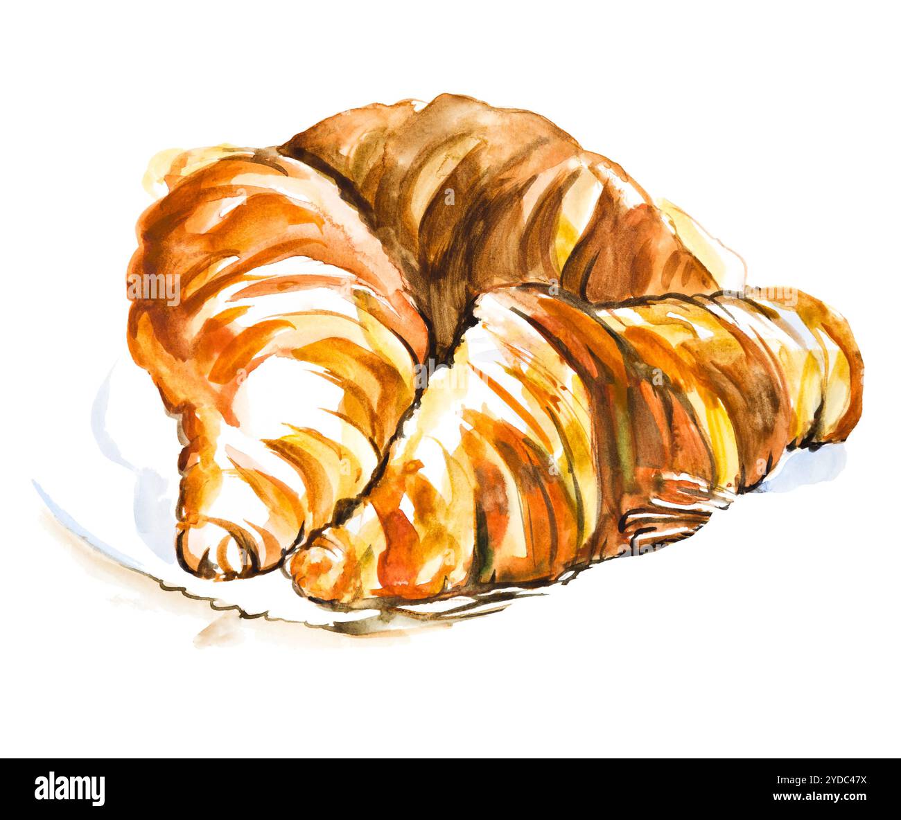 Hand Made drei Aquarell Croissants auf den Teller, auf weißem Hintergrund Stockfoto