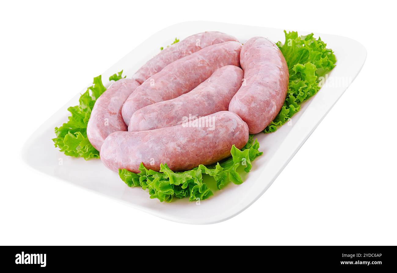 Frische Rohbratwurst, isoliert auf weißem Hintergrund Stockfoto