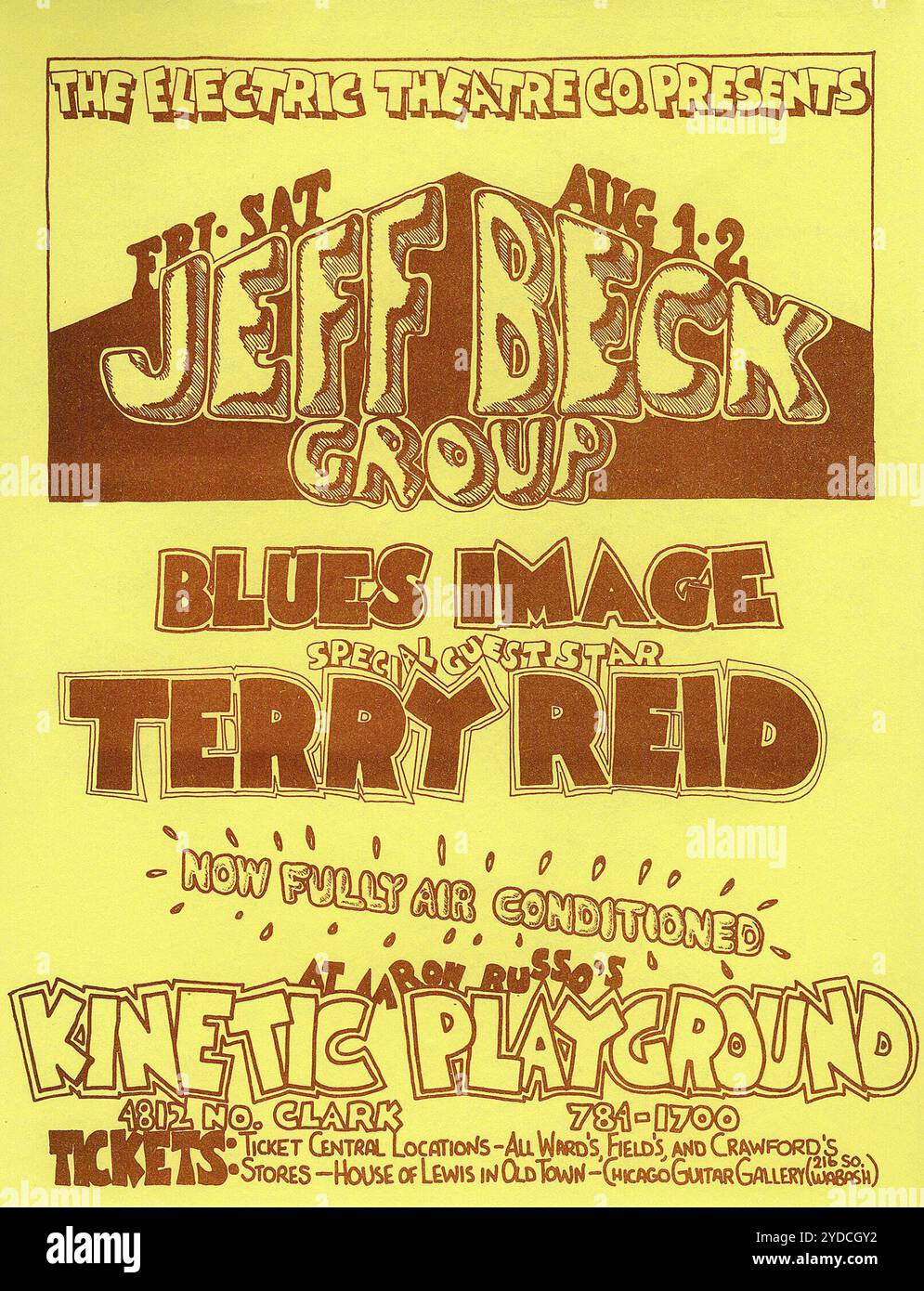 Jeff Beck mit Sondergast Terry Reid. Flyer für ein Konzert 1969 im Aaron Russos Kinetic Playground, Chicago. Stockfoto