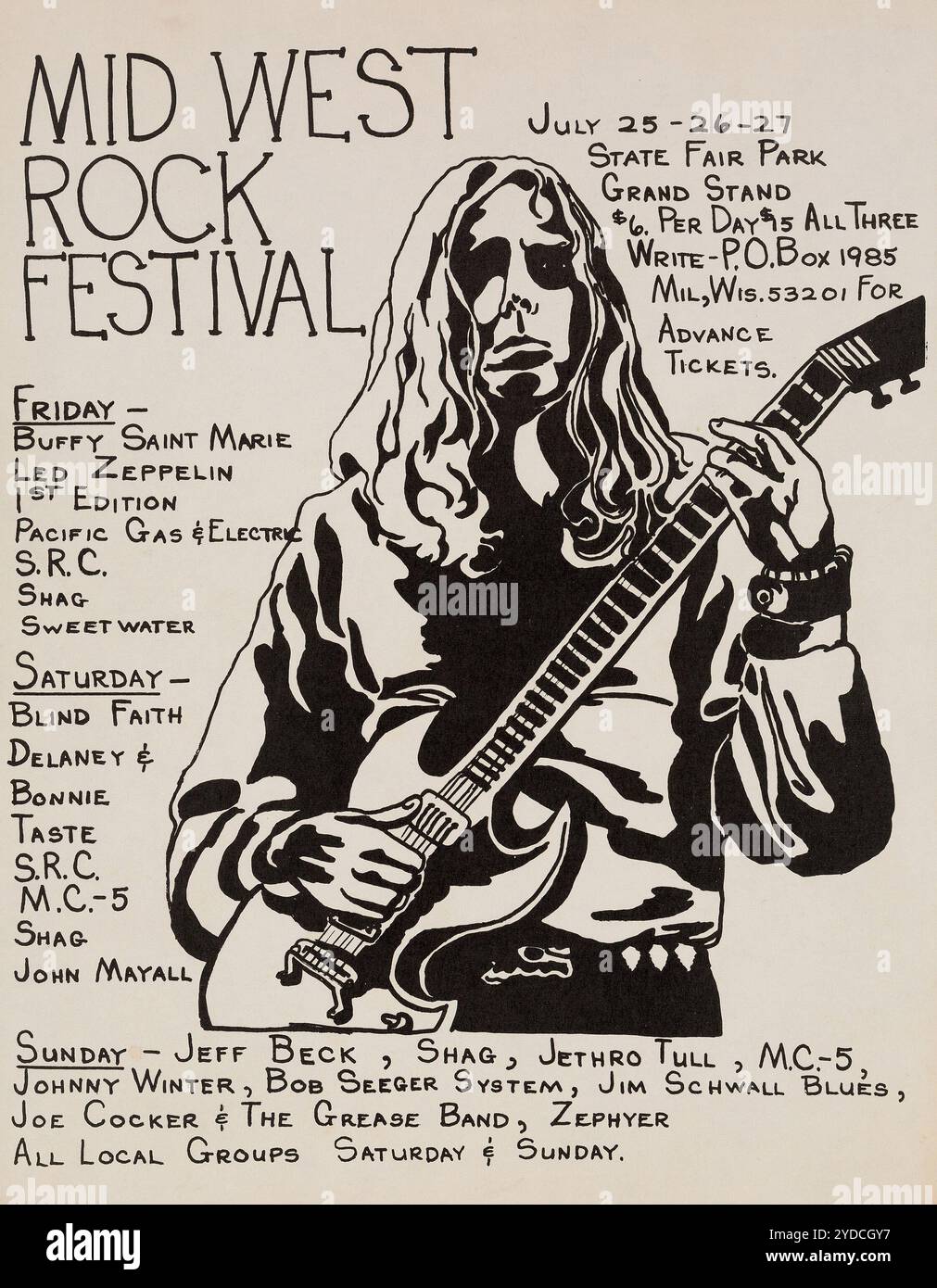 LED Zeppelin, Blind Faith, Jeff Beck, Jethro Tull, Joe Cocker und viele mehr - Mid West Rock Festival im State Fair Park in West Allis, Wisconsin, Concert Handbill, 1969. Stockfoto