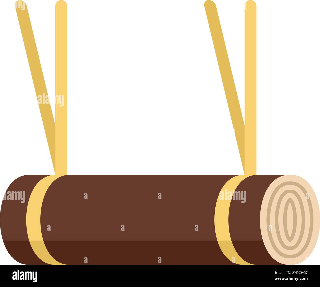 Die gerollte Schlafmatte hängt, was darauf hindeutet, dass sie nach einem Campingausflug gelagert oder getrocknet wird Stock Vektor