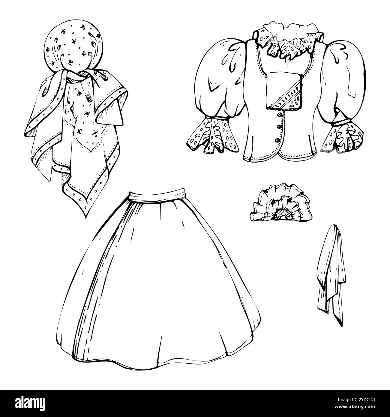 Traditionelles Kleid Rock Schürze, Kopftuch Bluse Weste aus Tirol, südamerikanische Damenmode, Blumenstickerei. Handgezeichneter Tintenvektor Stock Vektor