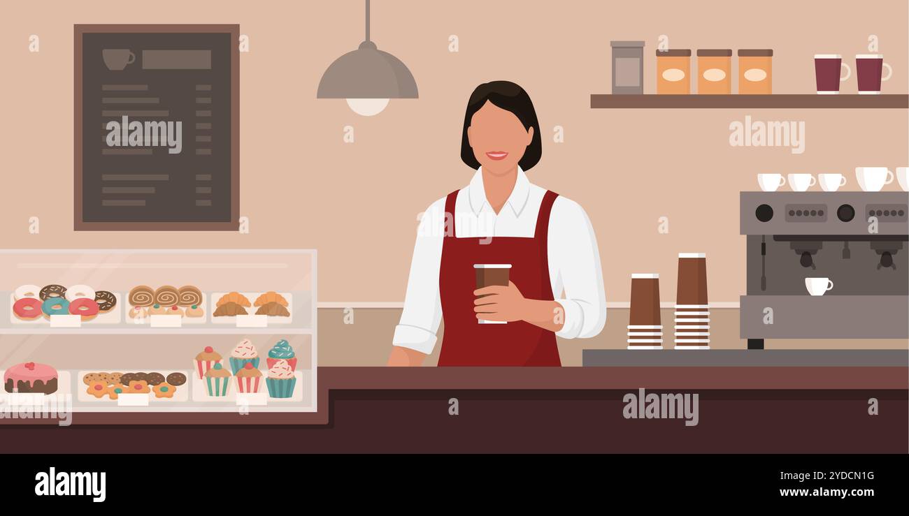 Café-Innenausstattung und Barista bei der Arbeit, Konzept für Speisen und Getränke Stock Vektor
