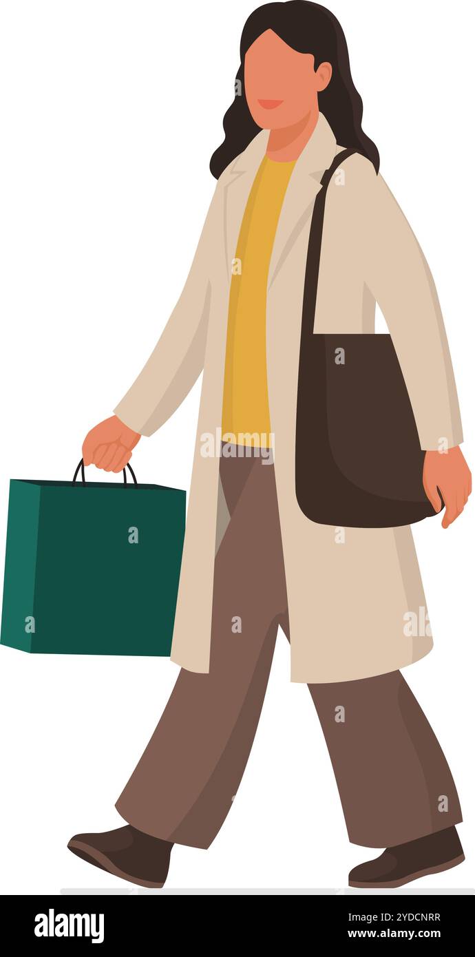 Die modische Frau, die einkaufen geht, hält eine Einkaufstasche und lächelt, isoliert Stock Vektor