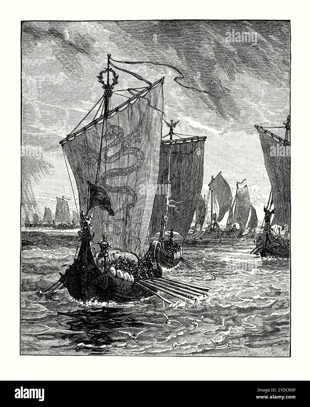 Eine alte Gravur der Schiffsflotte des nordischen Königs Anlaf Guthfrithson, die 937 n. Chr. in der Mündung von Humber in Yorkshire, England, eintraf. Es stammt aus einem viktorianischen Geschichtsbuch aus dem jahr 1900. Die Schlacht von Brunanburh war eine bedeutende Schlacht, die im selben Jahr zwischen den Vereinigten Truppen der angelsächsischen Königreiche Englands, angeführt von König Athelstan, und einer Allianz aus nordischen, schottischen und walisischen Armeen, angeführt vom nordischen König Anlaf Guthfrithson, ausgetragen wurde. Die Schlacht fand in der Nähe der Stadt Brunanburh statt. Stockfoto
