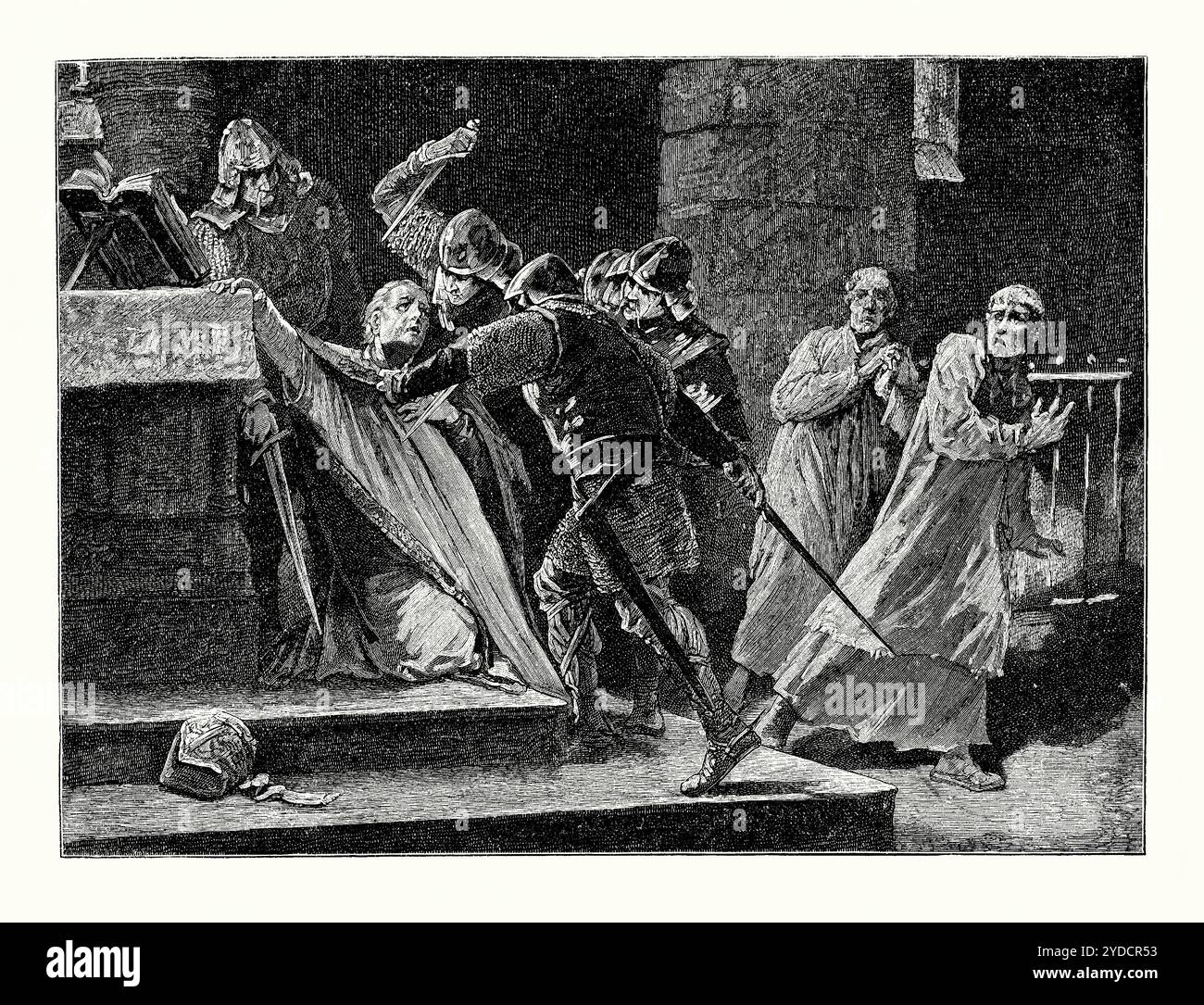 Eine alte Gravur der Ermordung von Thomas Becket (Thomas à Becket um 1119–1170), dem Erzbischof von Canterbury, in der Kathedrale von Canterbury, Canterbury, Kent, England, Großbritannien im Jahr 1170. Es stammt aus einem viktorianischen Geschichtsbuch aus dem jahr 1900. Er stand im Konflikt mit Heinrich II., König von England, über die Rechte und Privilegien der Kirche und wurde von Anhängern des Königs in Canterbury ermordet. Vier Ritter, Reginald FitzUrse, Hugh de Morville, William de Tracy und Richard le Breton, konfrontierten und ermordeten Becket. Stockfoto