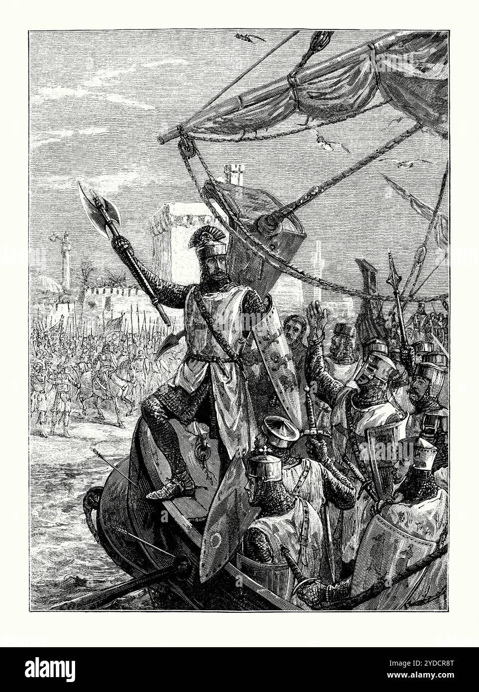 Ein alter Kupferstich von König Richard I. in der Schlacht von Jaffa, Israel 1192. Es stammt aus einem viktorianischen Geschichtsbuch aus dem jahr 1900. Die Schlacht von Jaffa war die letzte Schlacht des Dritten Kreuzzugs, eine von einer Reihe von Feldzügen zwischen der Armee von Sultan Saladin und den Kreuzfahrern unter der Führung von König Richard I. von England (Richard Löwenherz). Richard sprang ins Meer und wettete durch die Wellen, um das Ufer zu erreichen. Der König führte seine Truppen in die Schlacht. Die muslimische Armee begann in Panik zu geraten. Saladins Flucht ist entkommen. Saladin und König Richard konnten einen Waffenstillstand aushandeln. Stockfoto