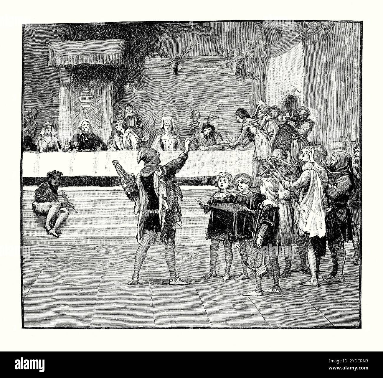 Ein alter Gravur der Musikanten am Hof in England, Großbritannien im Mittelalter. Es stammt aus einem viktorianischen Geschichtsbuch aus dem jahr 1900. Hier begleiten Musiker, darunter ein Harfenspieler, und Kinder-Background-Sänger, einen Sänger (Mitte). Im Mittelalter war ein Musiker, Jongleur, akrobat, Sänger oder Narr (später, ab dem 16. Jahrhundert, bedeutete er einen Spezialisten, der Lieder sang und Musikinstrumente spielte). Häufig wurden die Spielfiguren von den Königen und der hohen Gesellschaft gehalten. Auch Meisterhändler versammelten sich bei Festen und Festen. Stockfoto