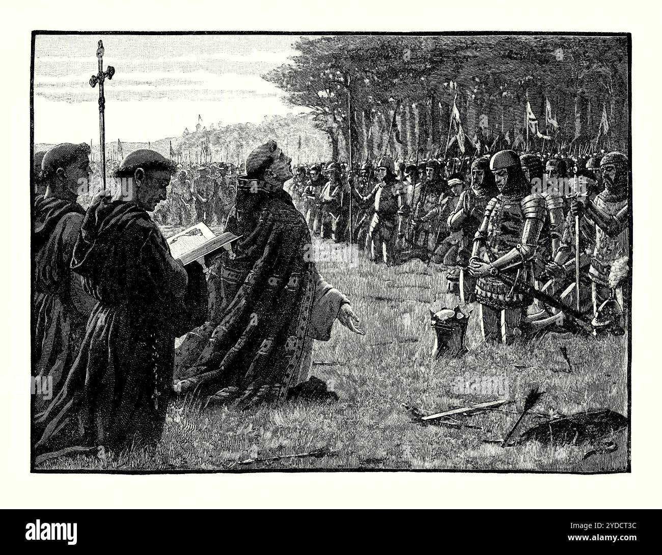 Eine alte Gravur eines Thanksgiving-Dienstes auf dem Feld von Azincourt, Nordfrankreich, in der Schlacht von Agincourt am 25. Oktober 1415, während des Hundertjährigen Krieges. Es stammt aus einem viktorianischen Geschichtsbuch aus dem jahr 1900. Während des Hundertjährigen Krieges. Nach dem englischen Sieg soll Heinrich V. den Klerus befohlen haben, den Gottesdienst zu leisten. Die Schlacht von Agincourt war ein unerwarteter englischer Sieg gegen die zahlenmäßig überlegene französische Armee. Sie förderte die Moral und das Ansehen der Engländer und begann eine neue Phase der englischen Dominanz im Krieg, bis England 1429 bei der Belagerung von Orléans von Frankreich besiegt wurde Stockfoto