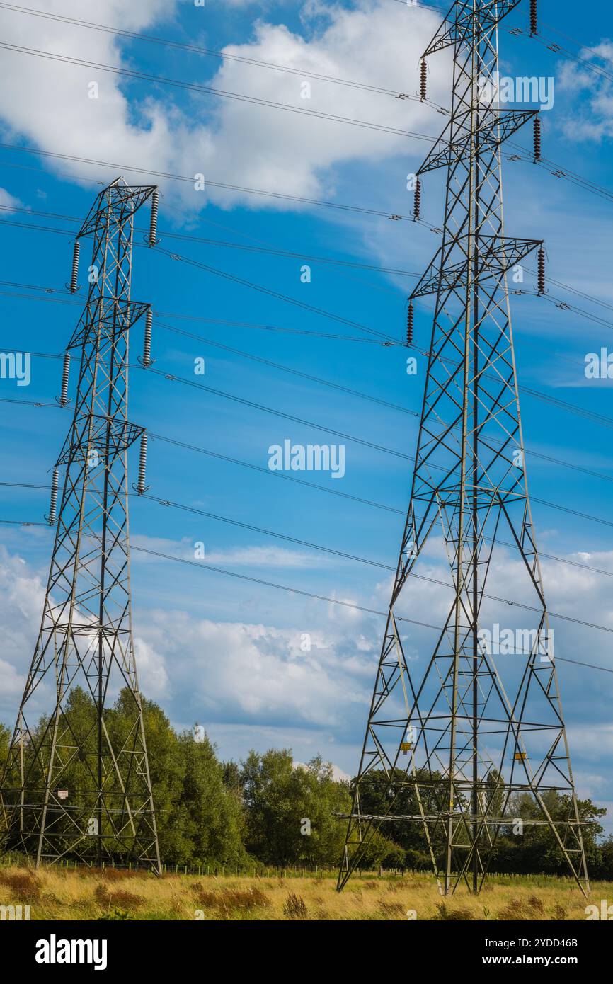 Zwei elektrische Pylonen am Themsepfad in Gloucestershire Stockfoto