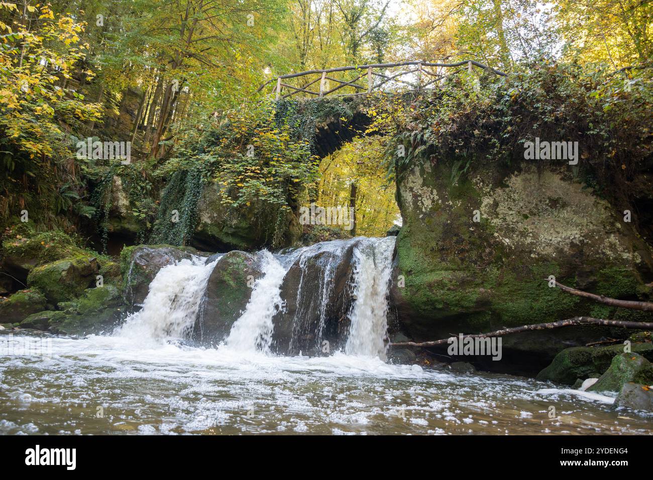 Malerische Vielfalt von Müllerthal, Luxemburgs kleiner Schweiz, Schiessentumpel Kaskade und Fluss Wanderrouten, Felsformationen, Wälder, touristische de Stockfoto