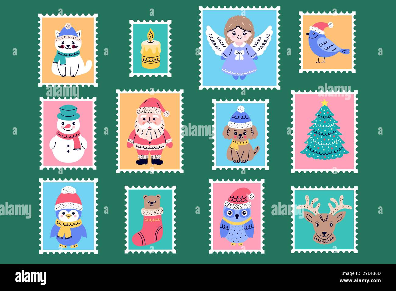 Satz Briefmarken mit Charakteren zur Weihnachtsfeier. Stock Vektor