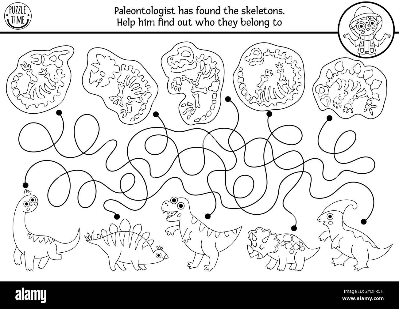 Schwarz-weißes Labyrinth für Kinder mit Tieren und ihren Skeletten. Prähistorische druckbare Aktivität der Linie. Dino Land Labyrinth Spiel, Puzzle, Colori Stock Vektor
