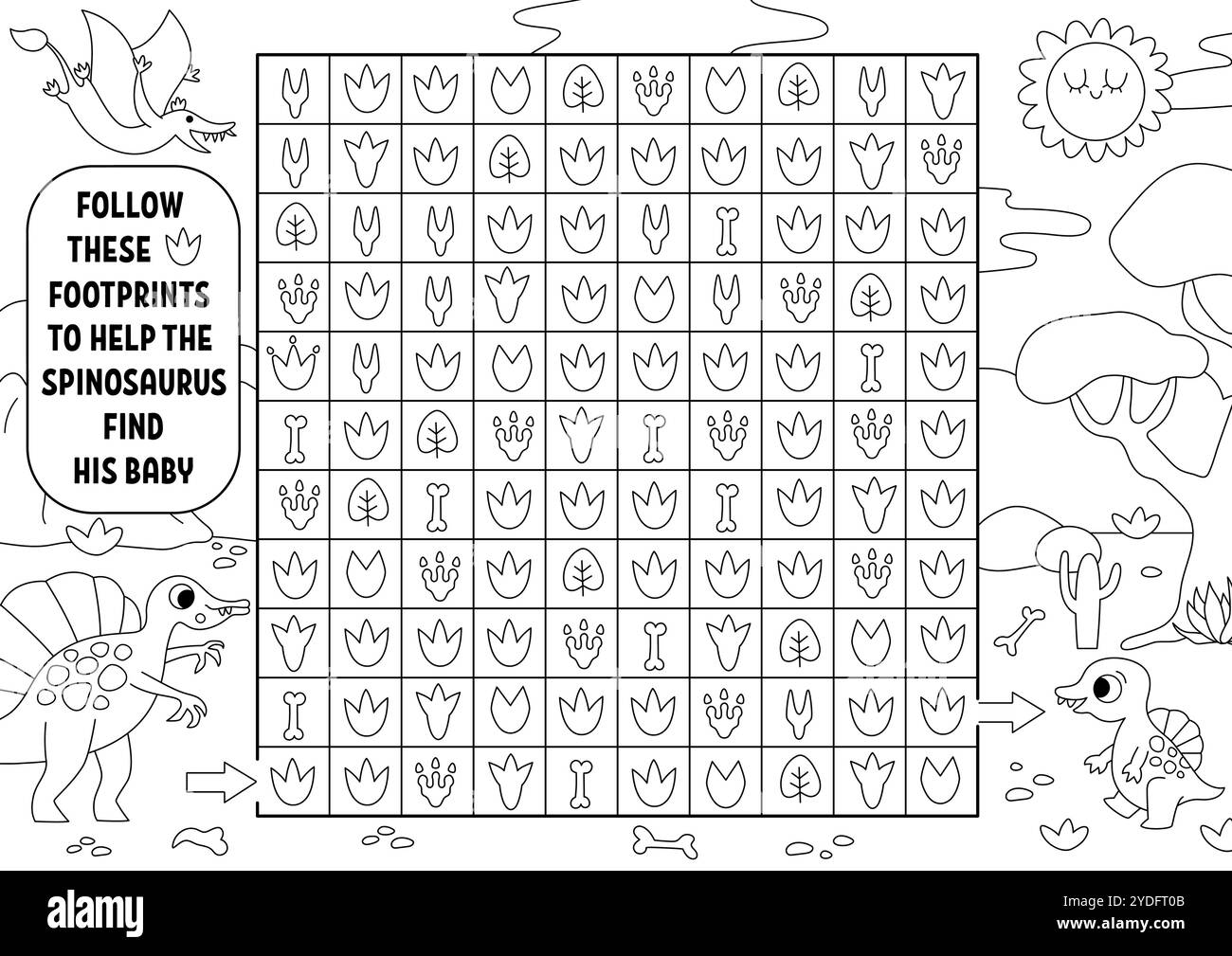 Dinosaurier-Schwarzweiß-Labyrinth, Suche und finde Spiel, Malseite. Prähistorische, druckbare Linienaktivität für Kinder. Logisches Suchpuzzle. Folgen Sie Fußstapfen Stock Vektor Dinosaurier-Schwarzweiß-Labyrinth, Suche und finde Spiel, Malseite. Prähistorische, druckbare Linienaktivität für Kinder. Logisches Suchpuzzle. Folgen Sie Fußstapfen Stock Vektor