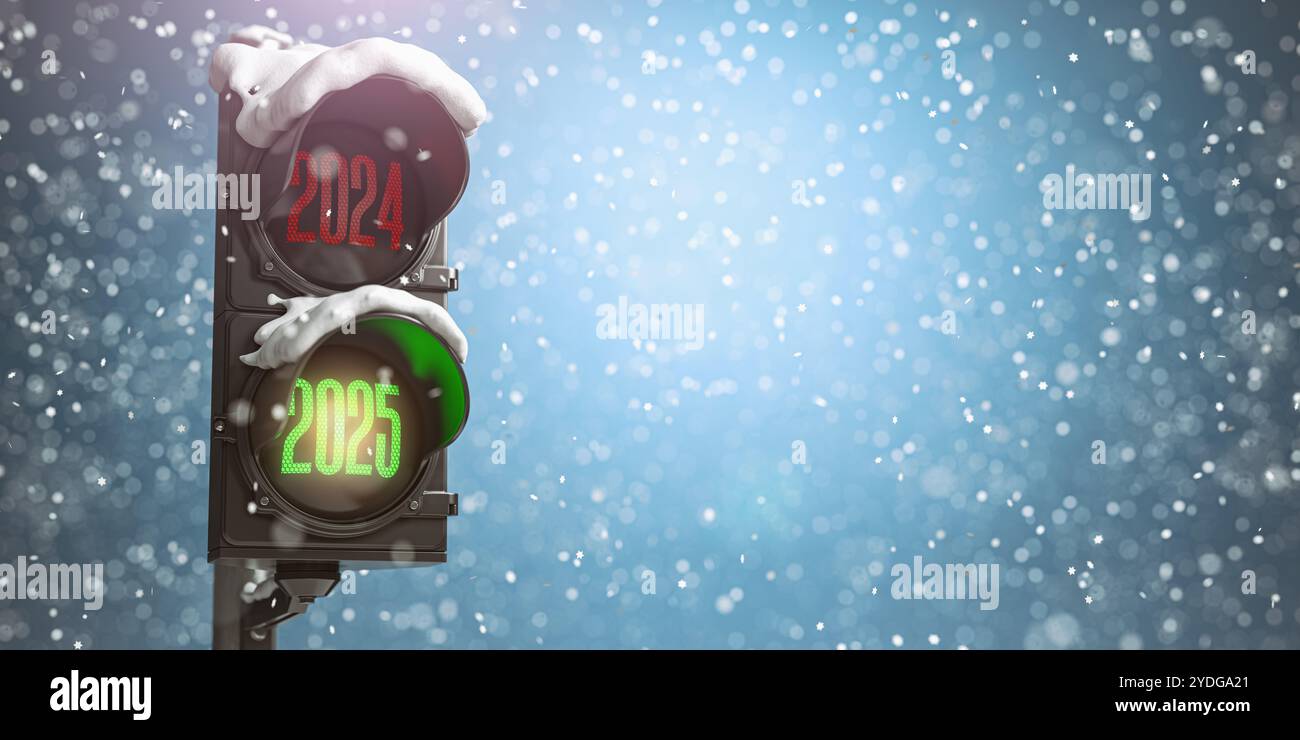 Frohes neues Jahr 2025. Ampel mit grüner Ampel 2025 und roter Ampel 2024 auf Himmelshintergrund. 3D-Abbildung Stockfoto