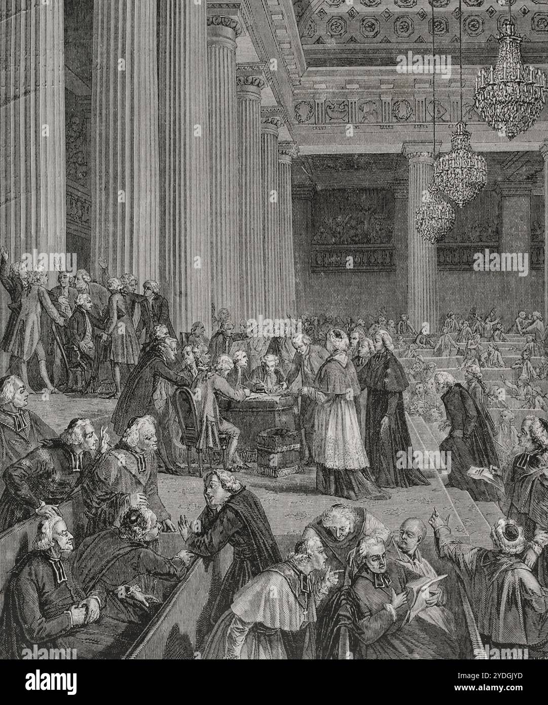 Französische Revolution. Nacht vom 4. August 1789. Sitzung der konstituierenden Versammlung, in der das Feudalsystem in Frankreich abgeschafft wurde, wodurch die Rechte und Privilegien des Adels und des Klerus endgültig abgeschafft wurden. Sie fand im Saal des Hôtel des Menus-Plaisirs in Versailles statt. Verzicht auf Berechtigungen. Zeichnung von Hippolyte de la Charlerie. Stich von Pannemaker. "Geschichte der Französischen Revolution". Band I, 1876. Stockfoto