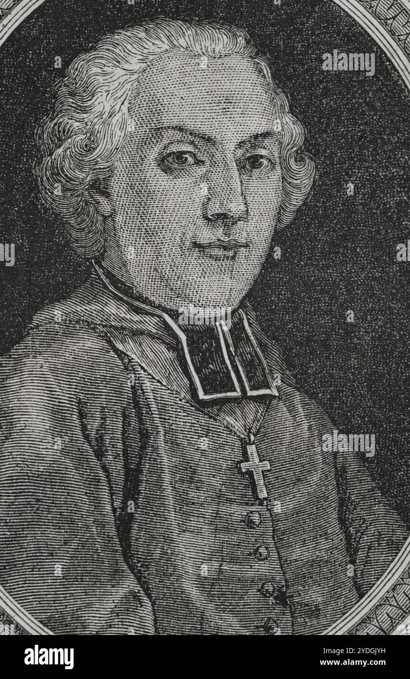 Jean-Baptiste-Joseph de Lubersac (1740-1822). Französischer Prälat. Bischof von Chartres (1780-1802). 1789 wurde er zum stellvertretenden Klerus der Vorburg von Chartres bei den Generalständen gewählt. Er sprach sich für die Abschaffung der Privilegien aus. Lubersac weigerte sich, den Eid auf die Zivilverfassung des Klerus abzulegen, die 1790 von der konstituierenden Versammlung gebilligt wurde. Hochformat. Zeichnung von Hippolyte de la Charlerie. Stich von Pannemaker. "Geschichte der Französischen Revolution". Band I, 1876. Stockfoto