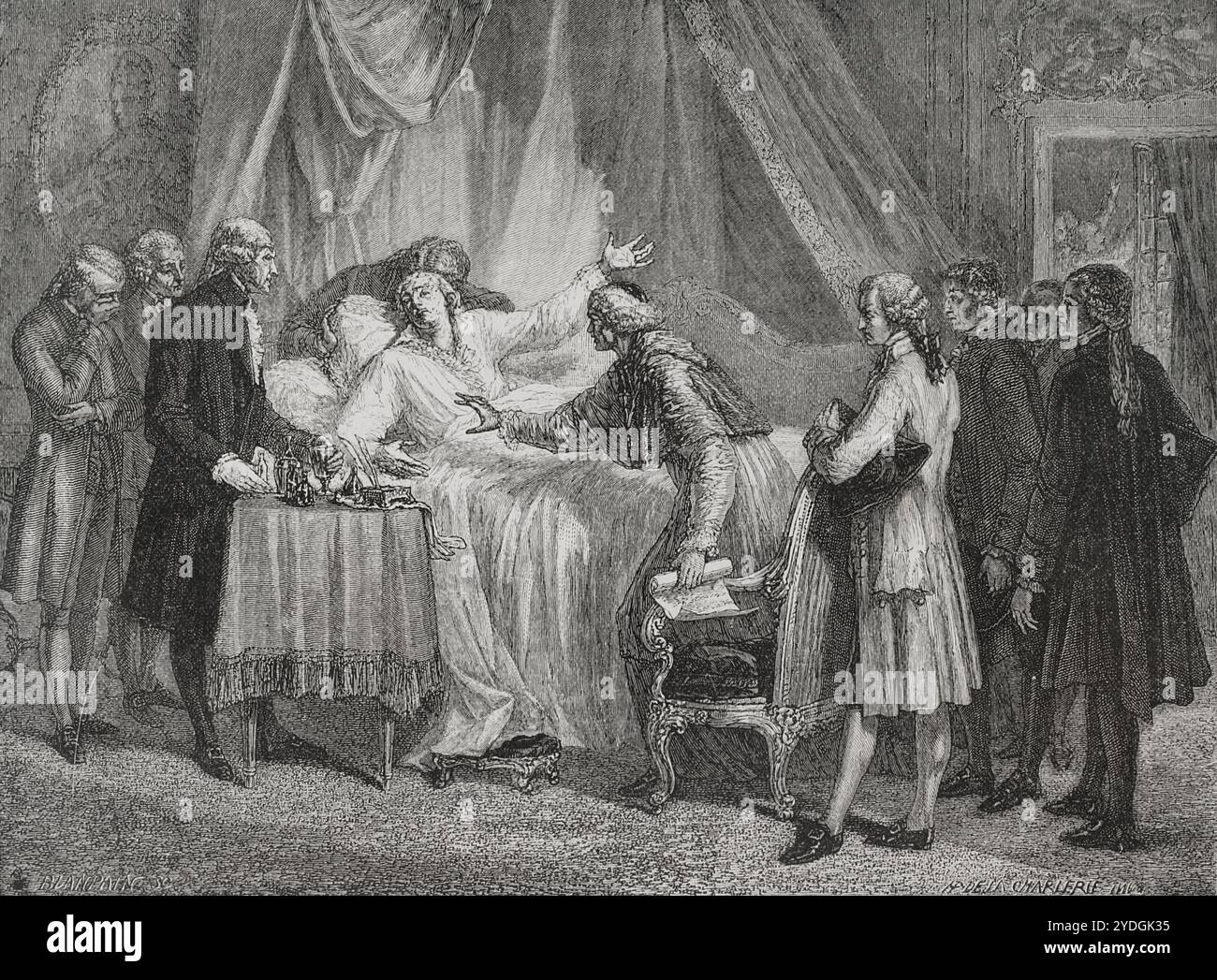 Honoré-Gabriel Riqueti, Comte de Mirabeau (1749-1791). Französischer Politiker, Anführer der frühen Phasen der Französischen Revolution. Tod von Mirabeau am 2. April 1791. Zeichnung von Hippolyte de la Charlerie. Gravur von Blanpain. "Geschichte der Französischen Revolution". Band I, 1876. Stockfoto