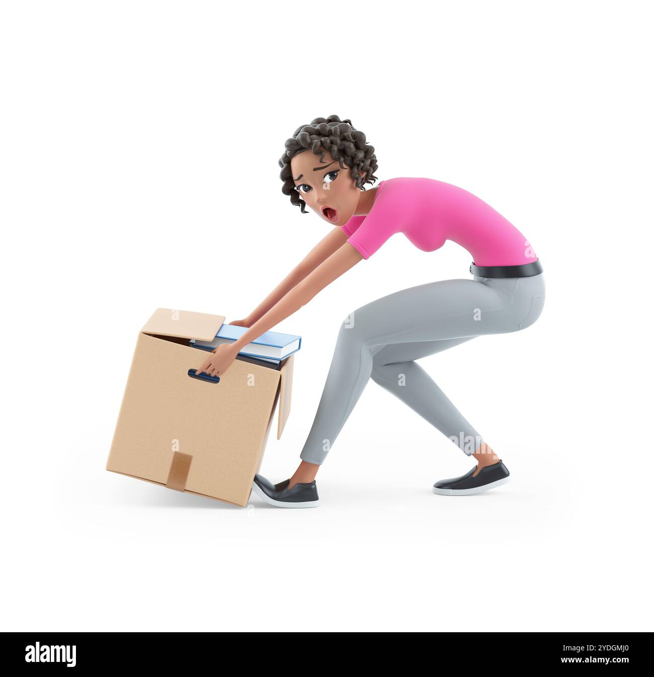 3D schöne Frau, die schwere Box hebt, Illustration isoliert auf weißem Hintergrund Stockfoto