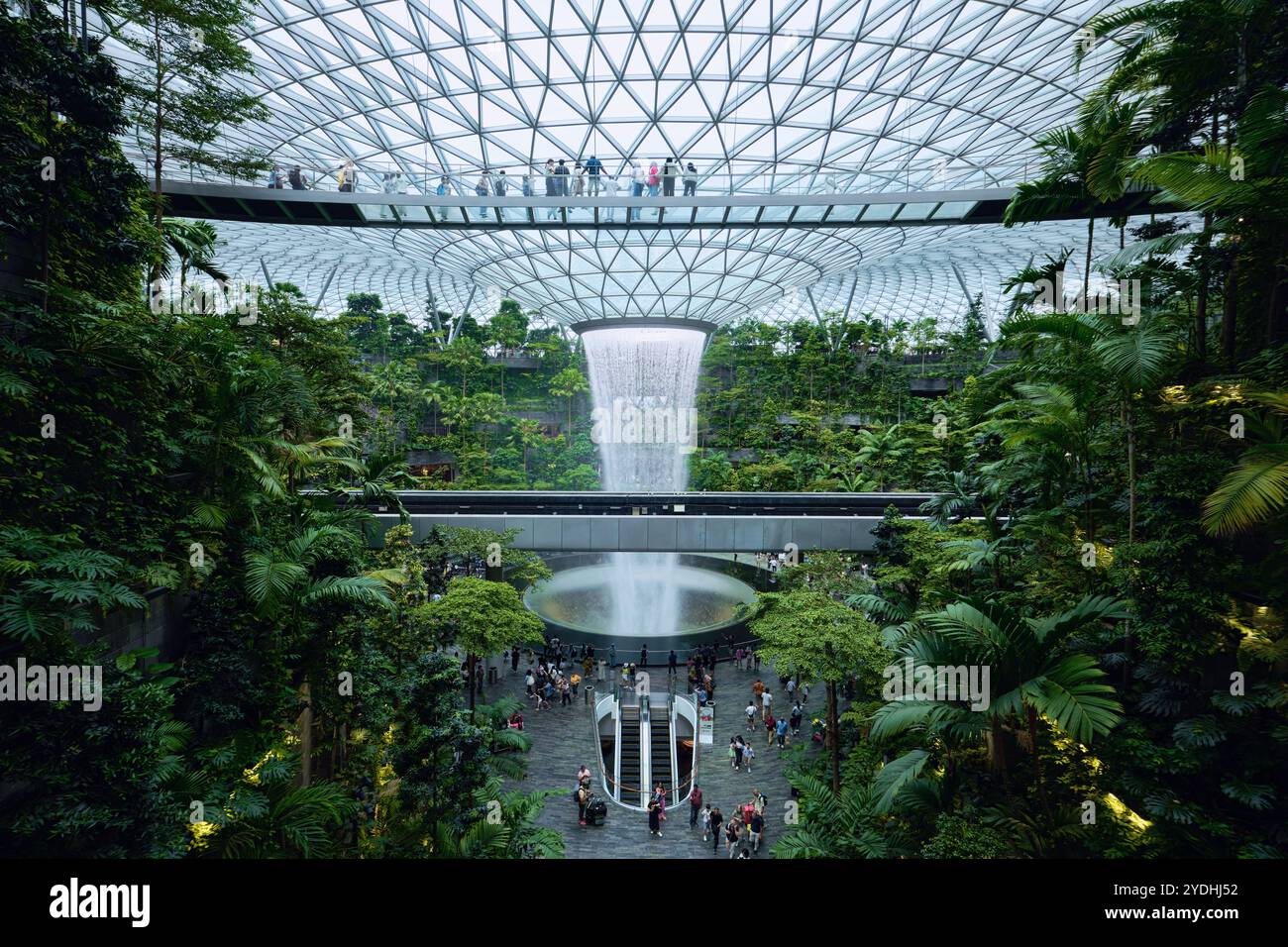 Singapur - 12. August 2024: Tropischer Indoor-Garten und Wasserfall im Einkaufszentrum Jewel am Flughafen Changi, entworfen von Safdie Architects Stockfoto