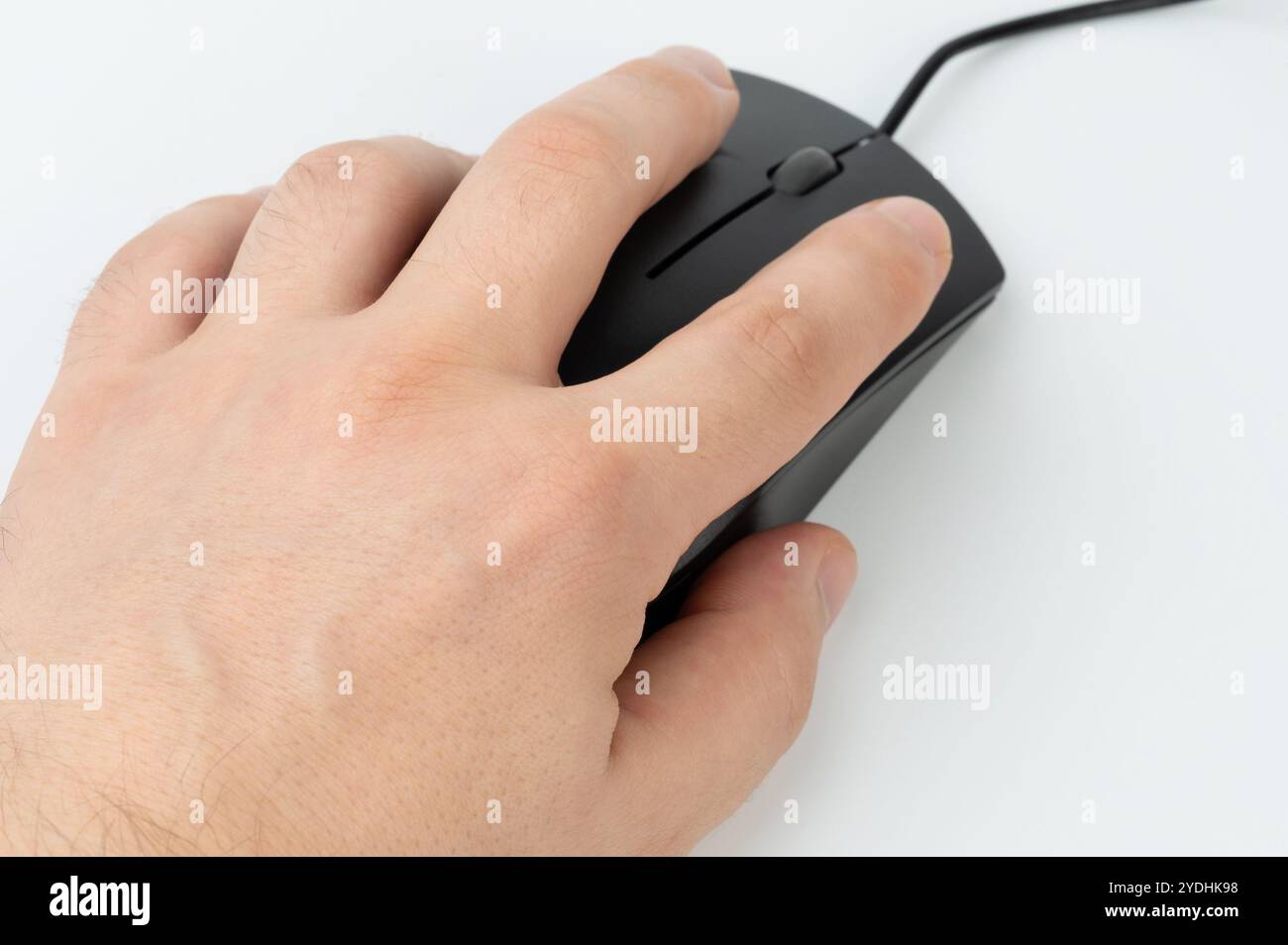 Aktive Bedienung der schwarzen Computermaus durch Hand gegen weiße Oberfläche, um die Produktivität zu steigern. Stockfoto