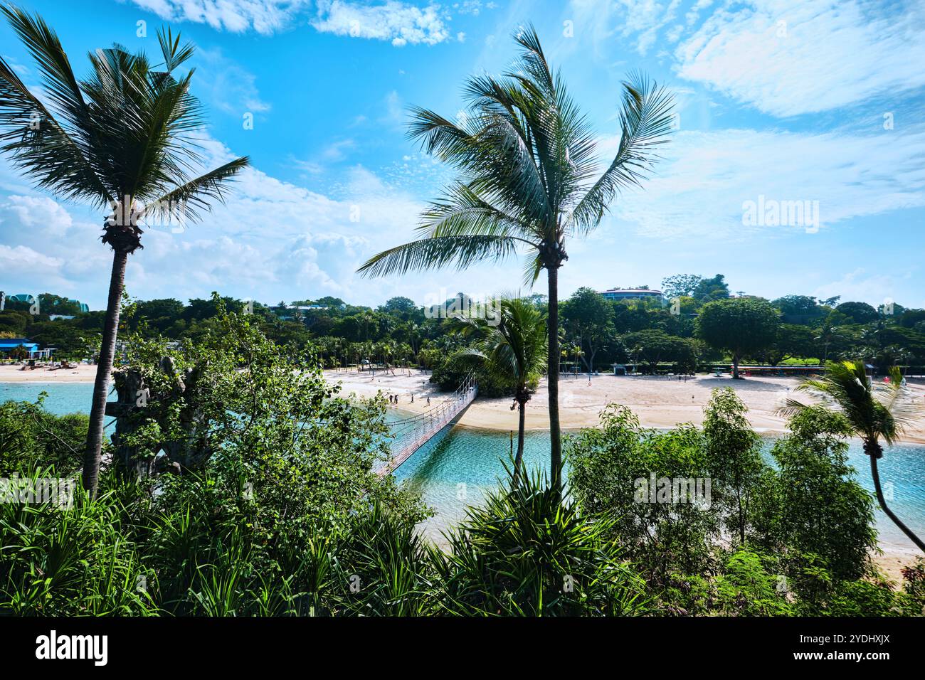 Singapur - 14. August 2024: Goldener Sand und üppige Vegetation am tropischen Palawan Beach auf der Insel Sentosa Stockfoto