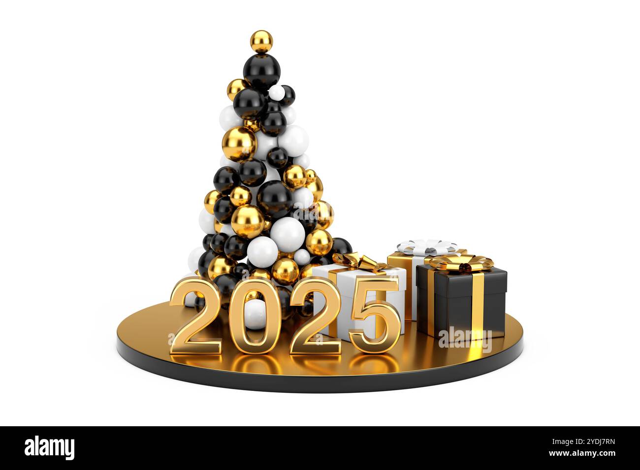 Neujahr Shopping-Konzept. Goldene Kugeln in Form eines Weihnachtsbaums, goldenes Neujahrsschild 2025 und Geschenkboxen auf weißem Hintergrund. 3D-Rendering Stockfoto