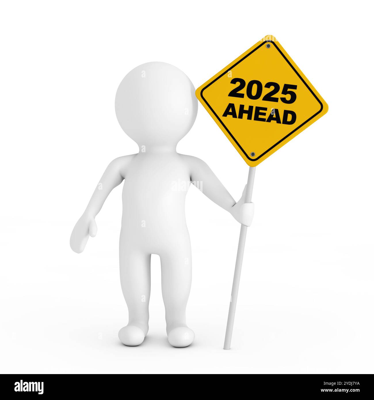 3D-Person mit Verkehrszeichen 2025 auf weißem Hintergrund. 3D-Rendering Stockfoto