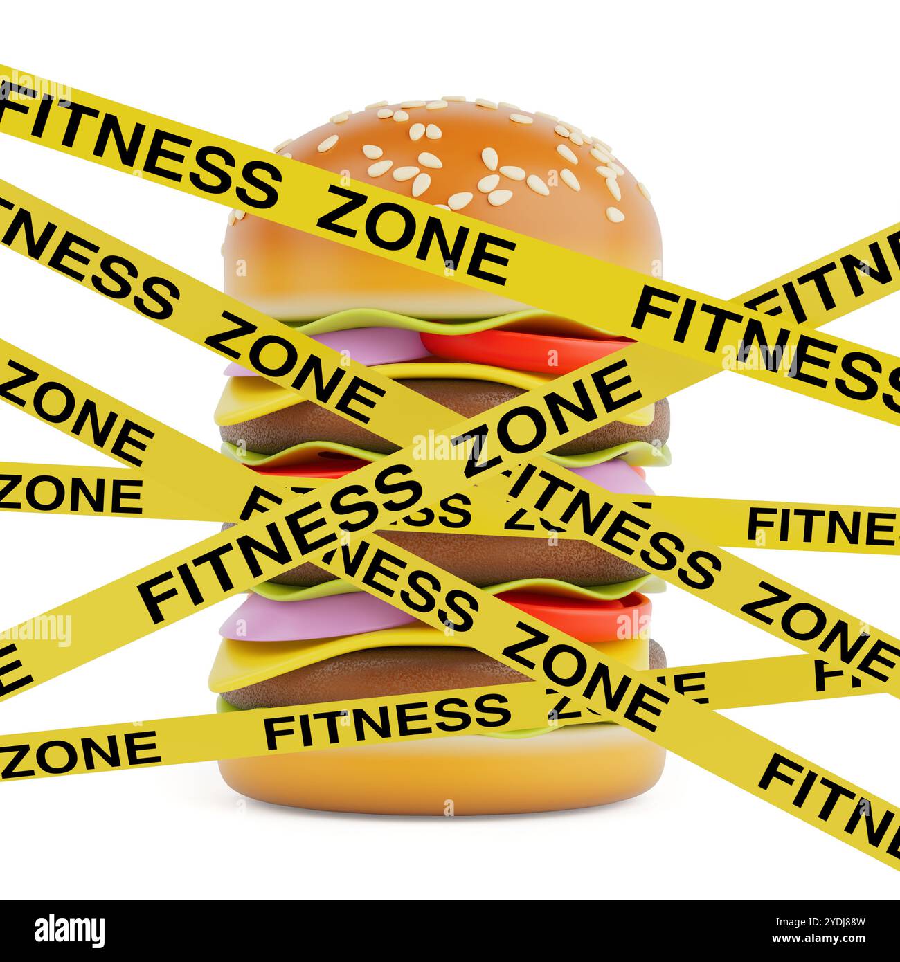 Der Stacked Premium Delicious Cheeseburger ist umgeben von gelbem Caution Tape mit aufgedruckter Fitness Zone auf weißem Hintergrund. 3D-Rendering Stockfoto