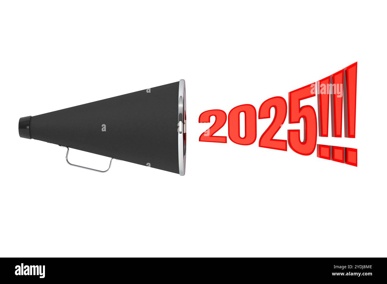 Schwarzes Vintage Megaphon mit 2025-Jahres-Schild auf weißem Hintergrund. 3D-Rendering Stockfoto
