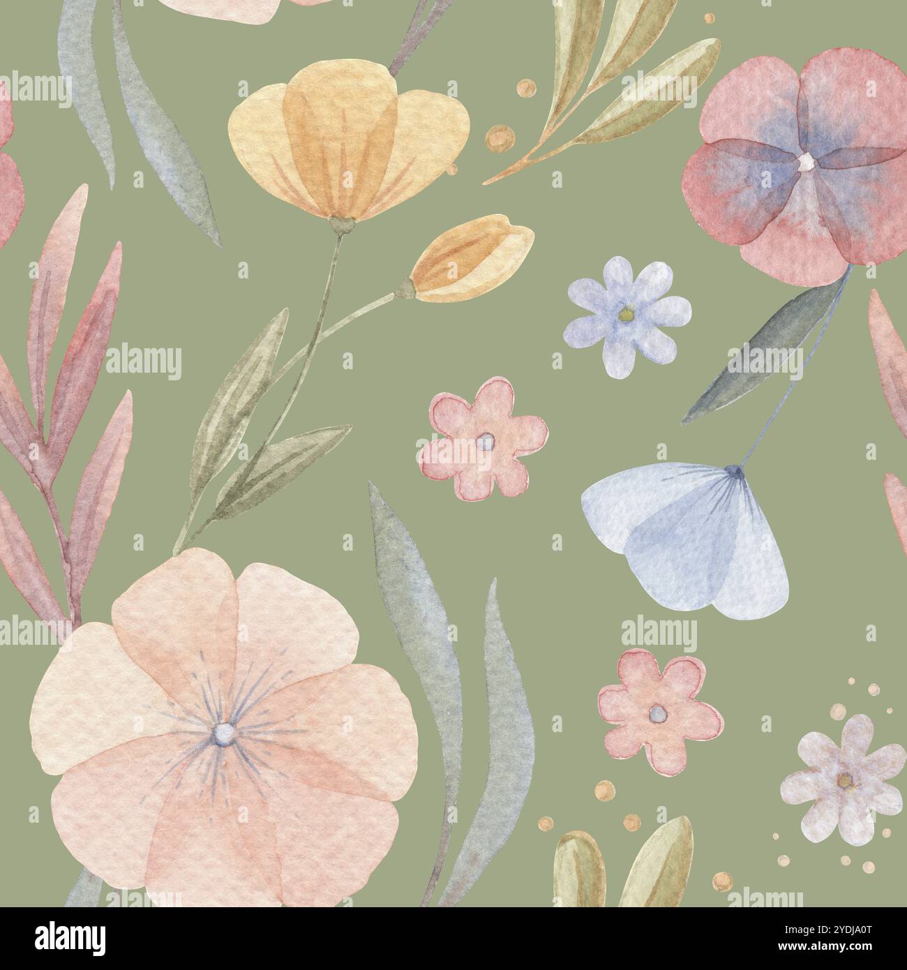 Boho blüht und Blätter nahtloses Muster mit Zweig und Zweig auf dem grünen Hintergrund. Handgezeichnetes Aquarell charmante florale Illustration in weich Stockfoto