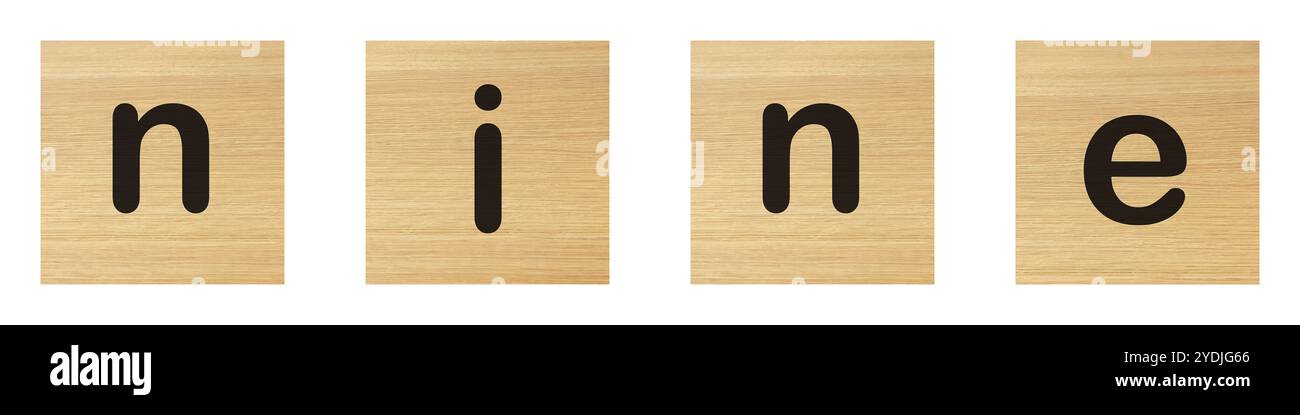 Neun Wörter mit Holzklötzen Stockfoto