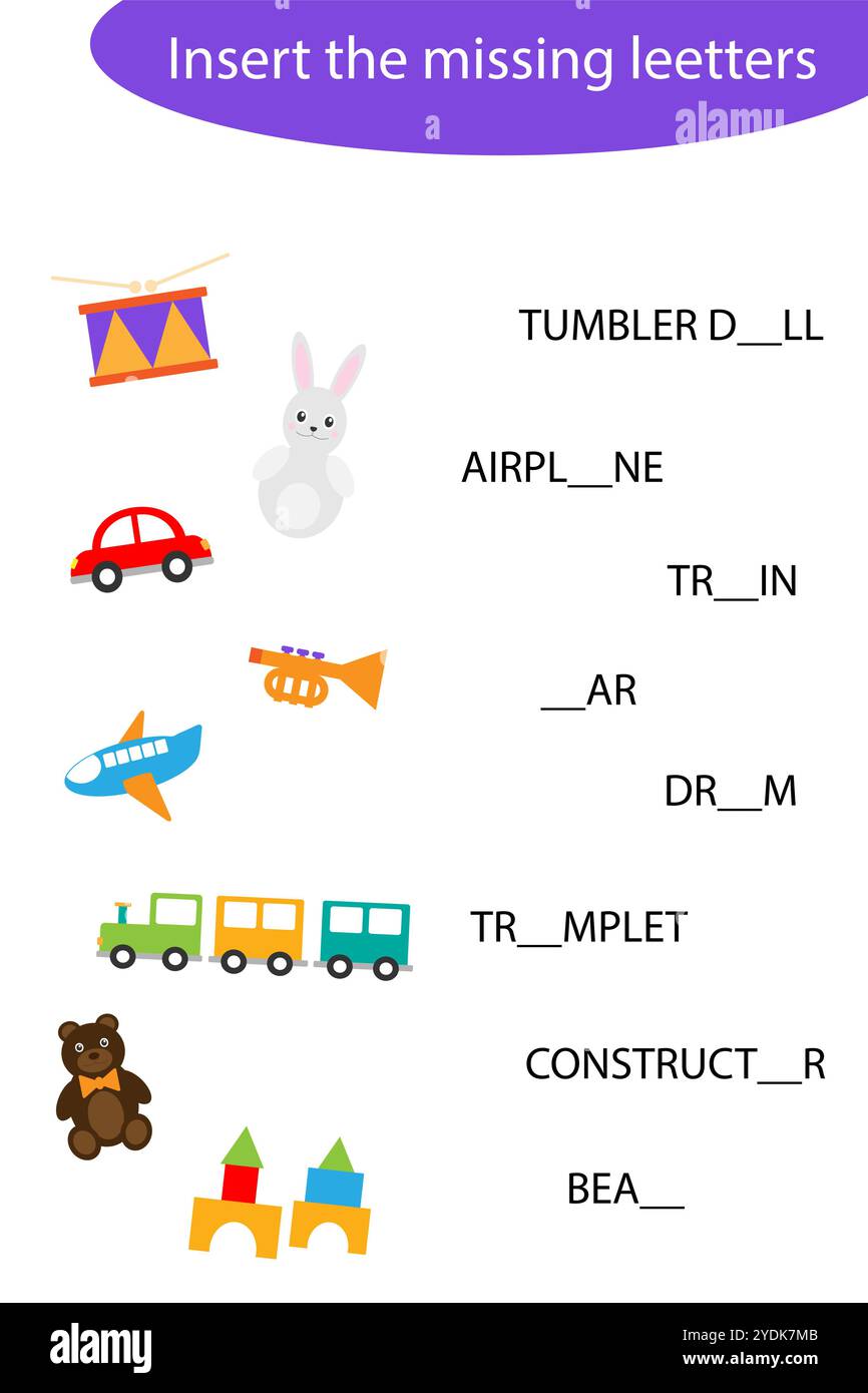 Fügen Sie die fehlenden Buchstaben ein, buchstabieren Sie das Wort, Spielzeug im Zeichentrickstil, lehrreiche Rechtschreibung Leseschule Spiel für die Entwicklung von Kindern, Kindern Stock Vektor