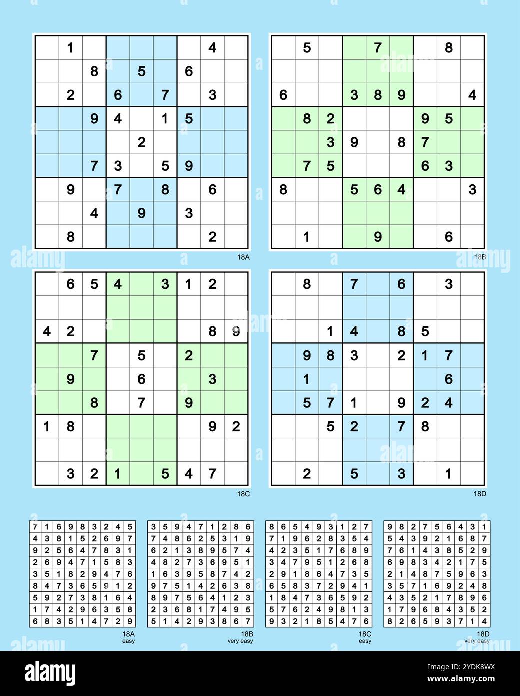 Sudoku Set Nr. 18 MK II. Reflexive Symmetrien. Einfach, sehr einfach +, einfach +, sehr einfach +. 27, 28, 29, 30 Hinweise. Erweiterte Bewertung basierend auf sechs Lösungswegen. Stock Vektor