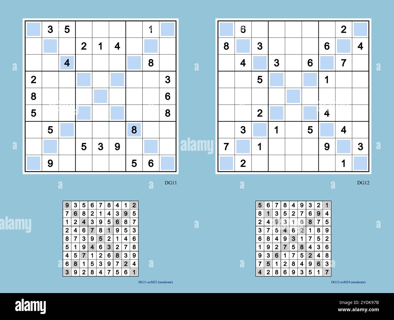 Diagonale Sudoku-Puzzles. Rotation und volle Symmetrie. Mäßig und mäßig. 22, 24 Hinweise. MK II. Vektor. Stock Vektor