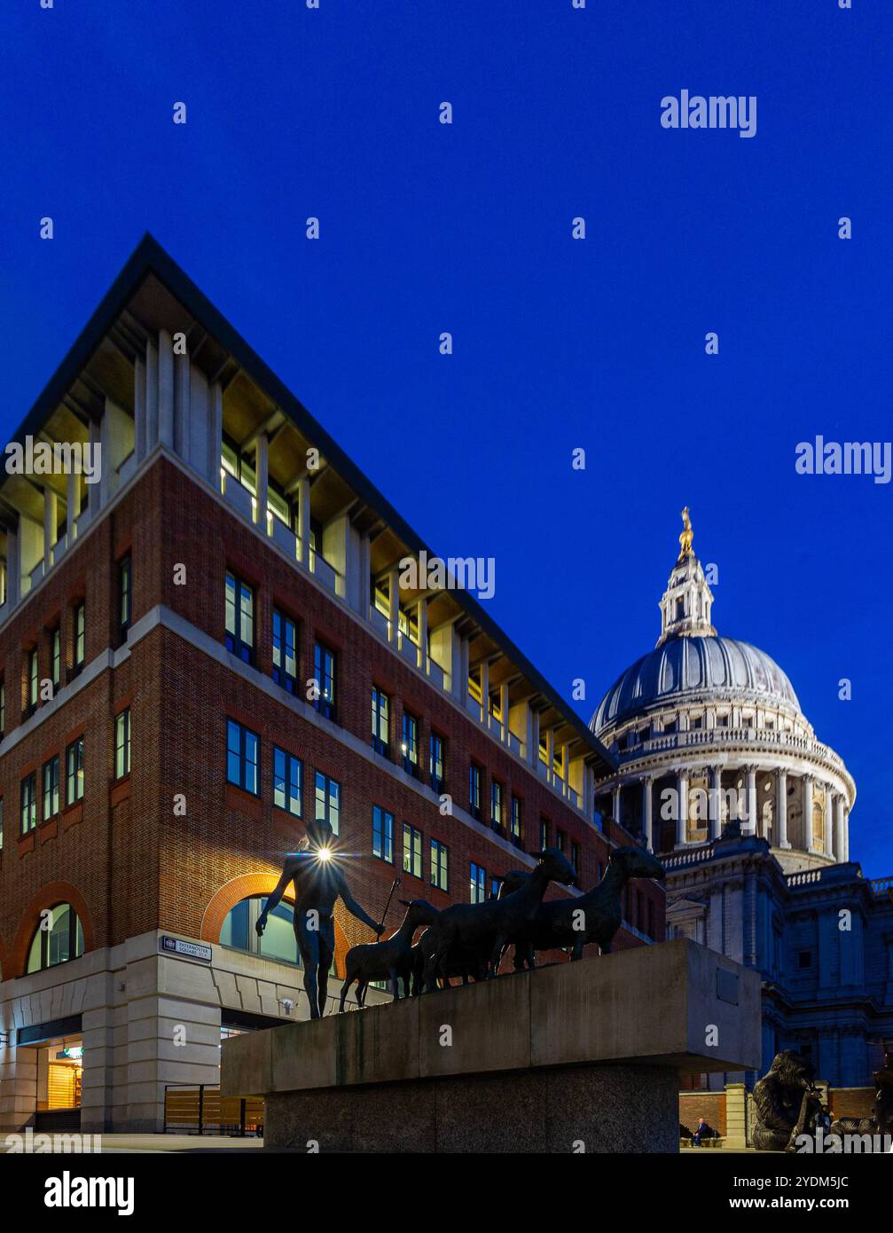 Abenddämmerung am Paternoster Square in der City of London mit einer Statue eines Schafes und eines Hirten vor der St. Paul's Cathedral Stockfoto