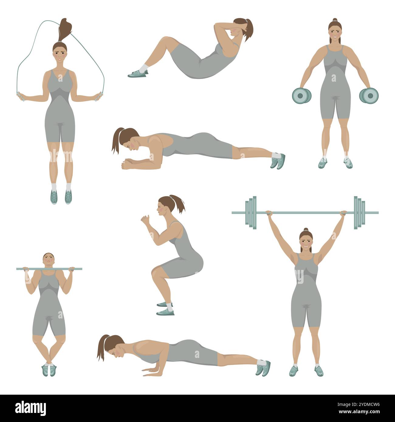 Eine Reihe von körperlichen Übungen für Fitness, Gewichtheben und fit halten auf weißem Hintergrund Stock Vektor