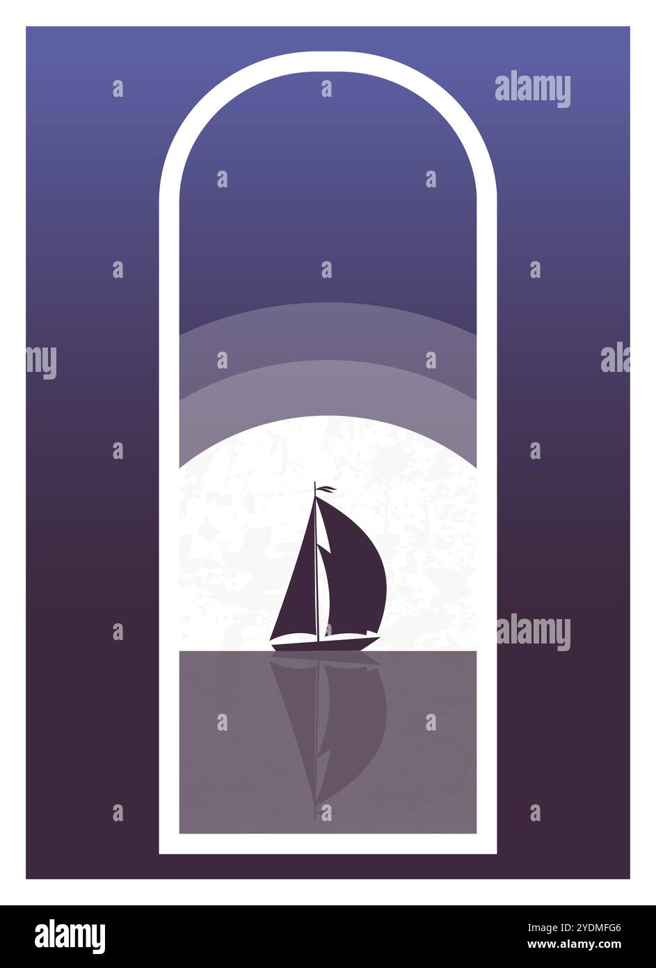 Segelboot in der Meeresküste Illustration. Nordische Küstenlandschaft in flachem Stil. Reiseansicht für Segelschiffe. Minimalistische Wandeinrichtung. Vektorgrafik PR Stock Vektor
