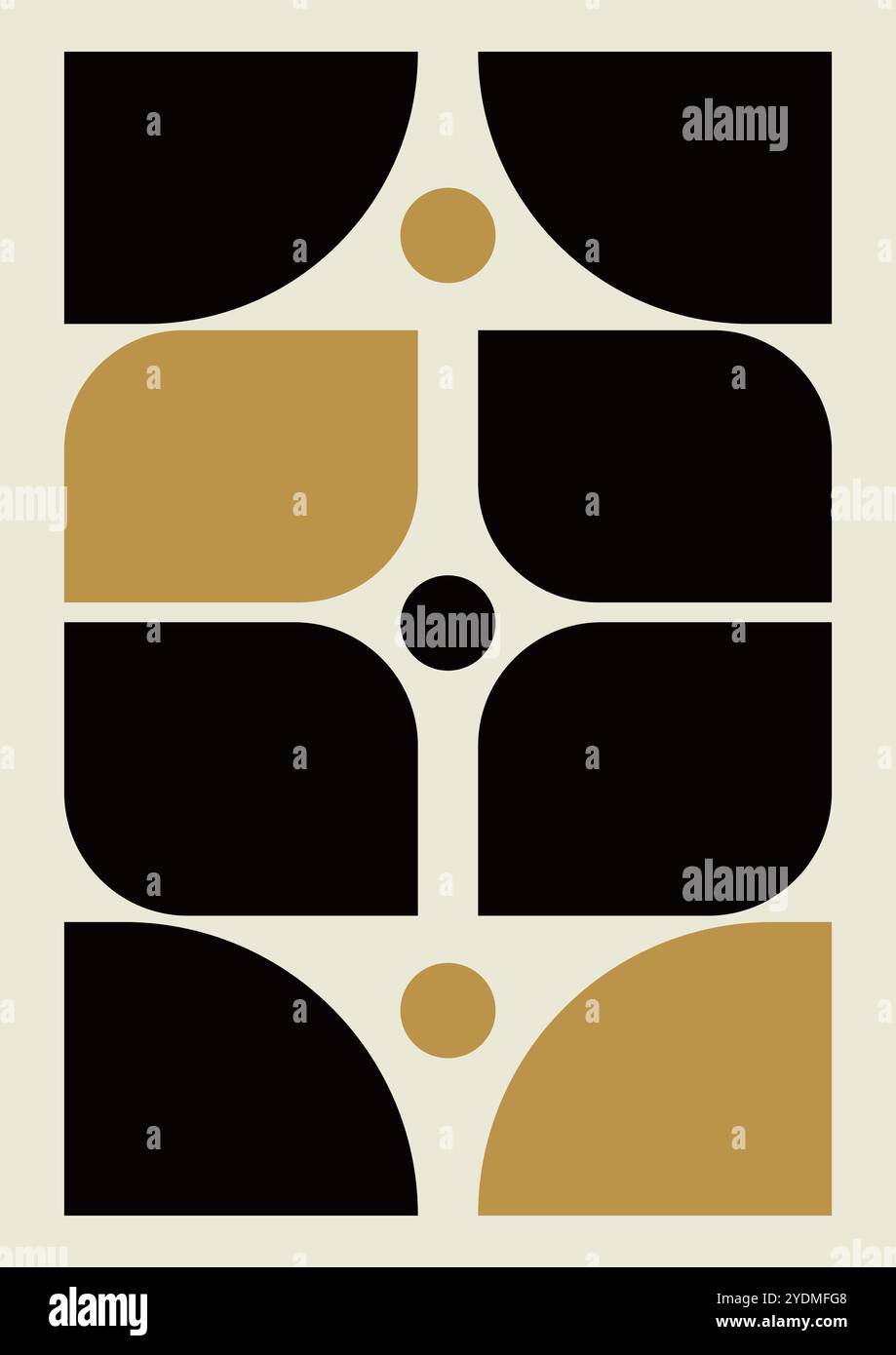 Modernes Poster mit geometrischen Formen in Schwarz-Gelb. Abstrakte Boho-Wanddekoration. Flacher Kunstdruck in der Mitte des Jahrhunderts. Vektorabbildung Stock Vektor
