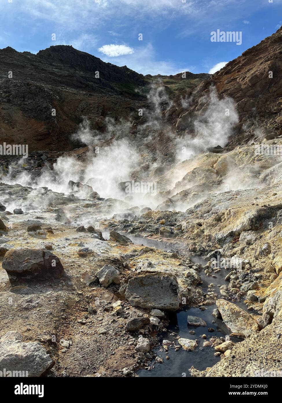 Geothermisches Gebiet in Krýsuvík - Dampf kommt aus der Erde - heiße Sprünge Seltún - Smartphone-aufgenommenes Stockfoto