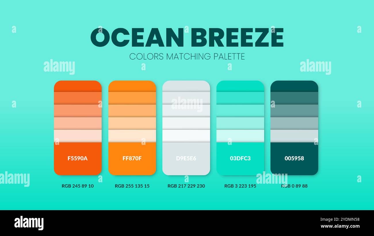 Farbpalette in den Ocean Breeze Farbthemenkollektionen. Vorlage für Farbinspirierung oder Diagramm mit Codes. Farbkombination RGB. Farbfelder f Stock Vektor