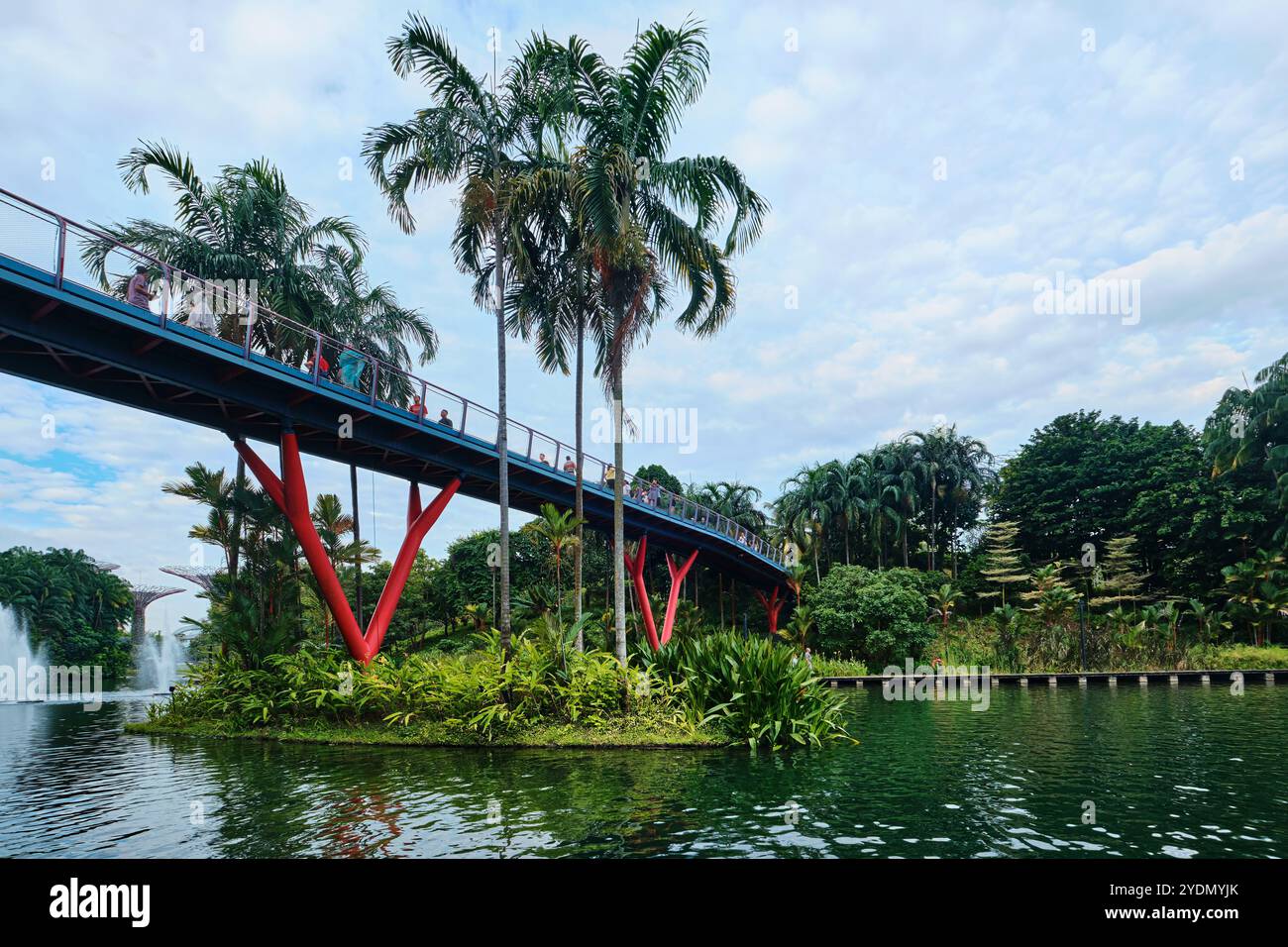 Singapur - 14. August 2024: Springbrunnen am Dragonfly Lake in Gardens by the Bay mit Blick auf Supertree Grove und Dragonfly Lake Bridge Stockfoto