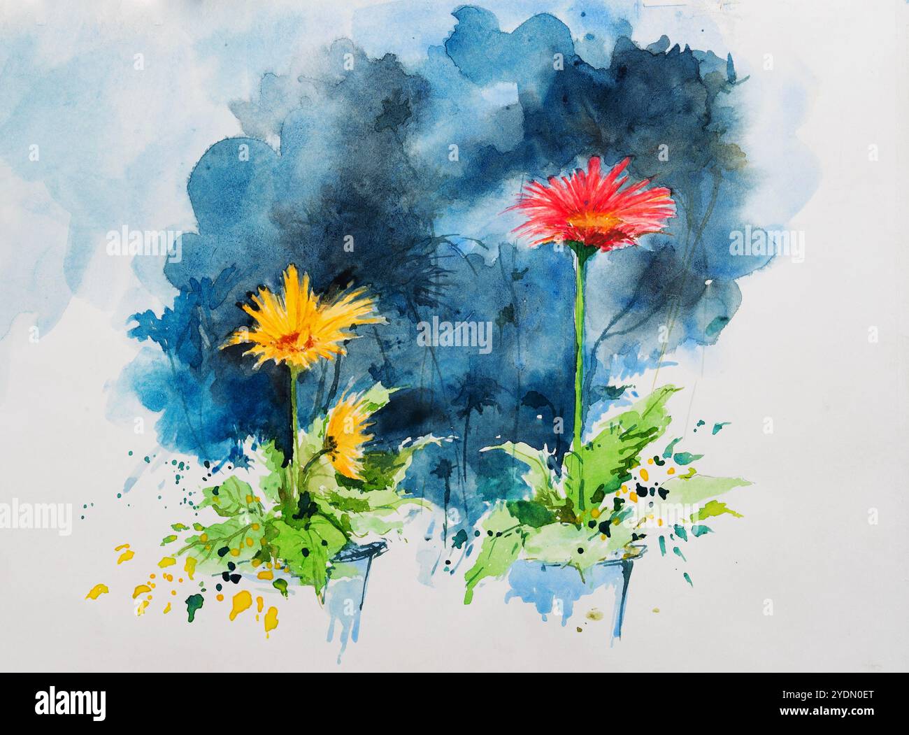 Schöne abstrakte helle Aquarellfloralgemälde mit weißem Hintergrund und Copyspace. Indische handgemalte Aquarellkunst mit Aquarell. Stockfoto