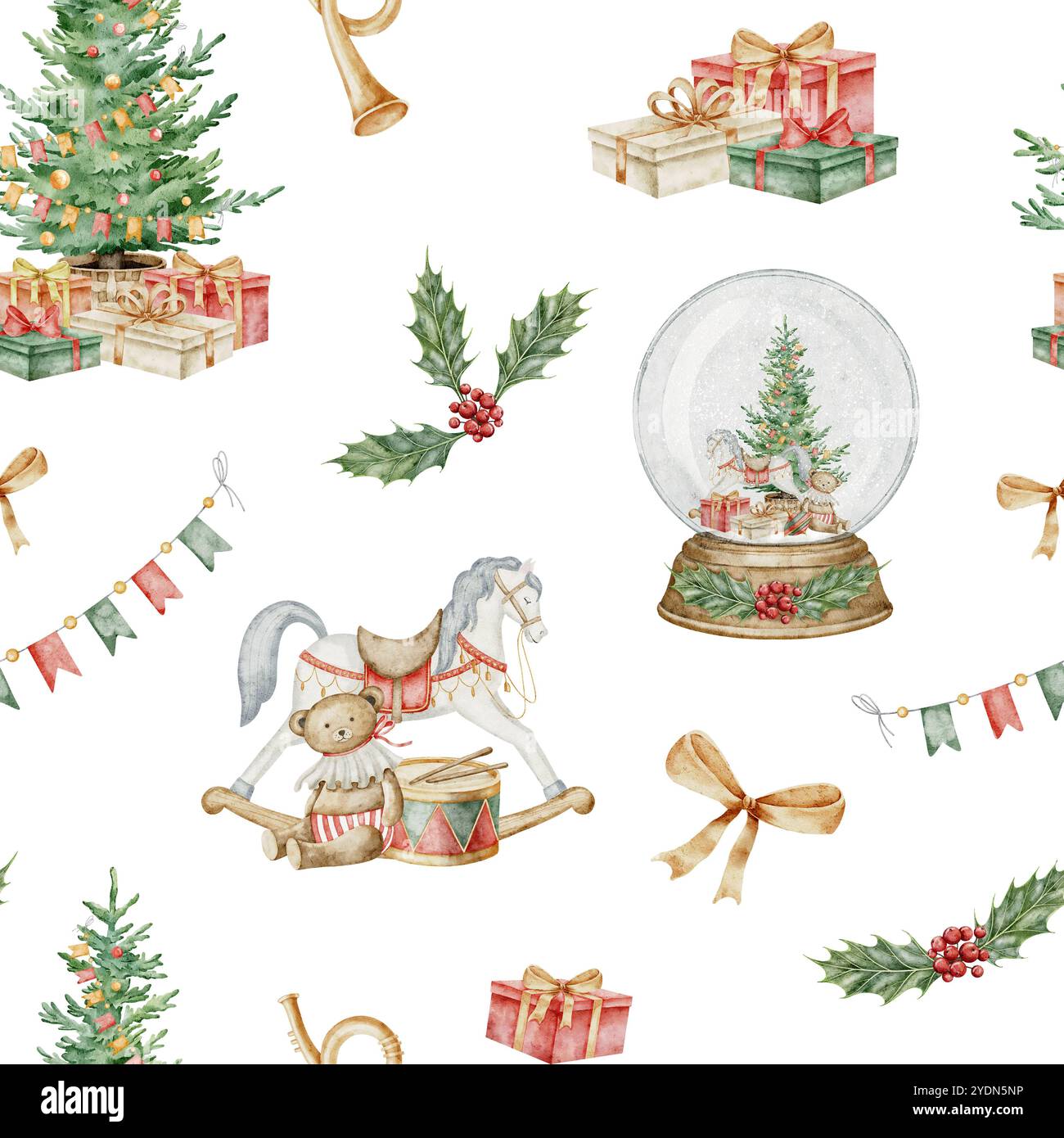 Nahtloses Weihnachtsmuster mit Vintage-Babyspielzeug und -Geschenken. Weihnachtshintergrund mit Schaukelpferd und Fichtenbaum zum Einpacken von Papier oder Neujahrsbanner. Illustration mit Geschenkboxen. Stockfoto