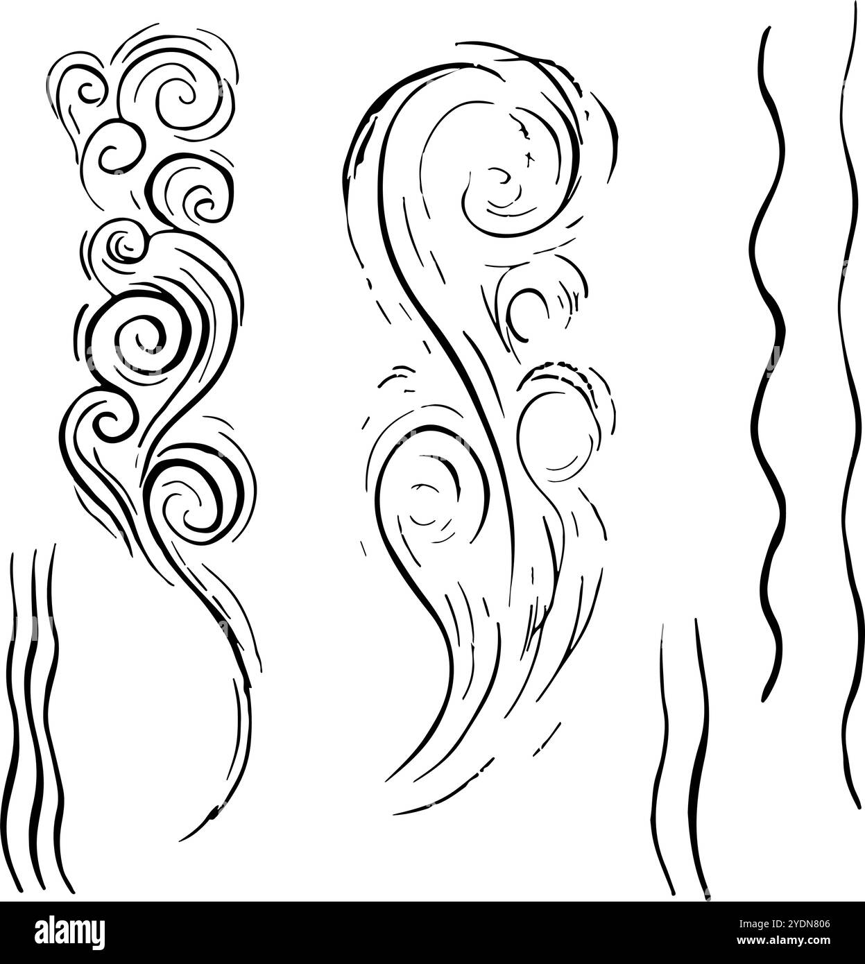 Ein Duft- und Rauchstrom. Vektorgrafiken mit warmem Dampf. Ein Geruchsschild, Linien, die den Geruch von Zigaretten oder Essen, Heißgetränken betonen Stock Vektor