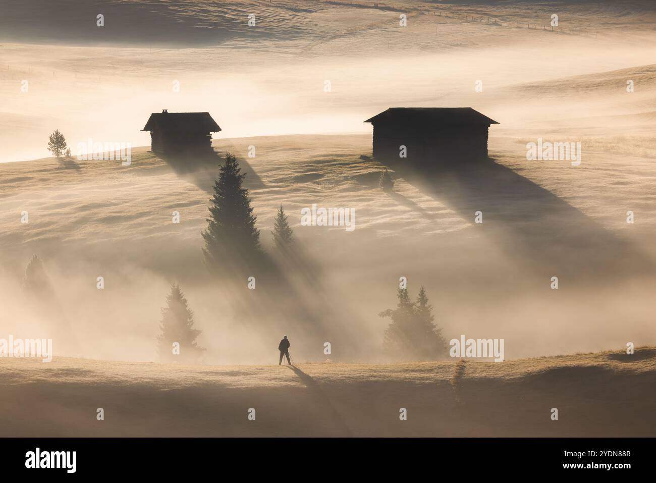 Idyllische Almwiese bei stimmungsvollem, atmosphärischem und nebeligem Sonnenaufgang auf der Seiser Alm mit urigen Hütten und Blick auf die Dolomiten Stockfoto