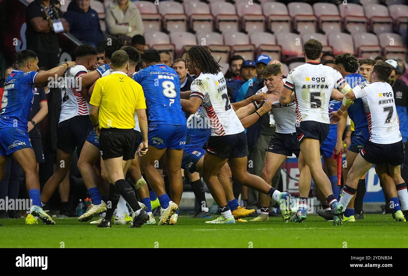 England und Samoa spielen beim Spiel der International Rugby League im Brick Community Stadium in Wigan. Bilddatum: Sonntag, 27. Oktober 2024. Stockfoto